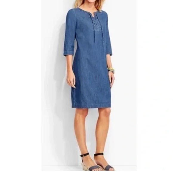 NEW Talbots Lace Up Shift Dress 10 Closet Essential Tencil Blend Preppy Coastal - Picture 2 of 10